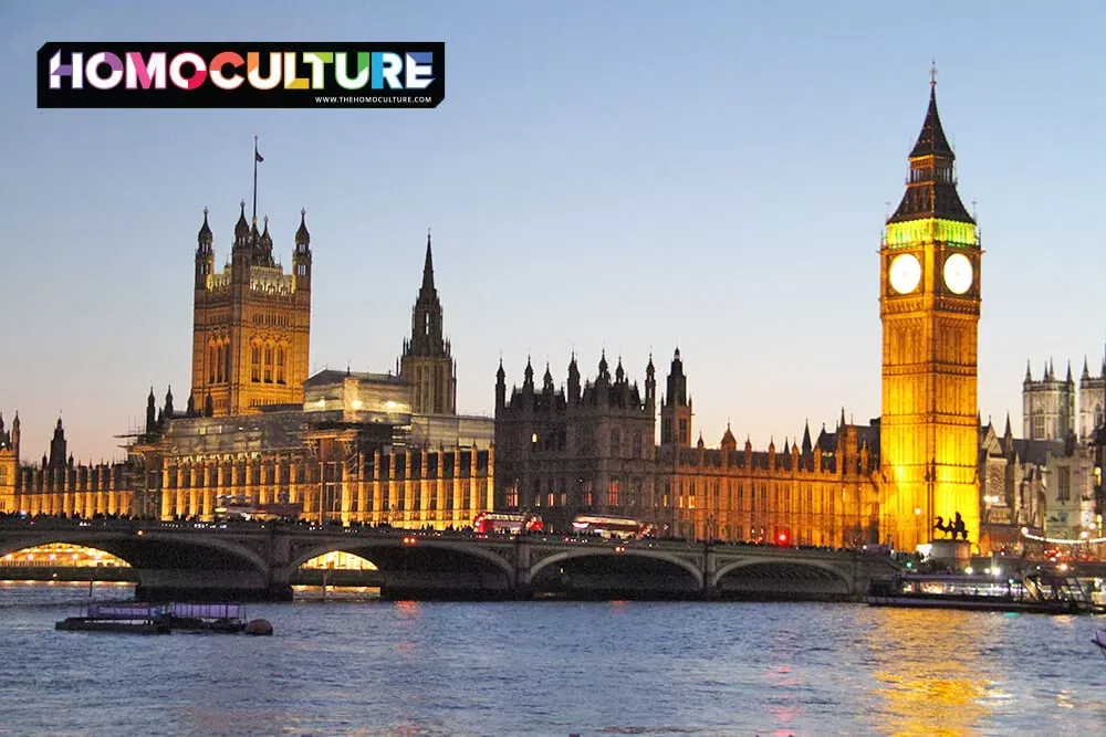 An evening view of the Parliament Buildings from across the Thames River, in central London. 