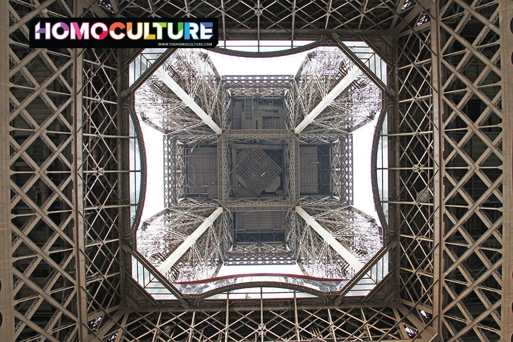 Looking up, inside the The Eiffel Tower. 
