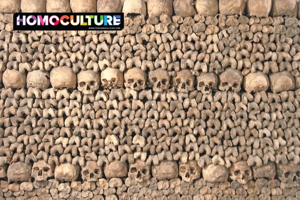 Skulls and bones line the walls of the underground catacombs in Paris, France. 