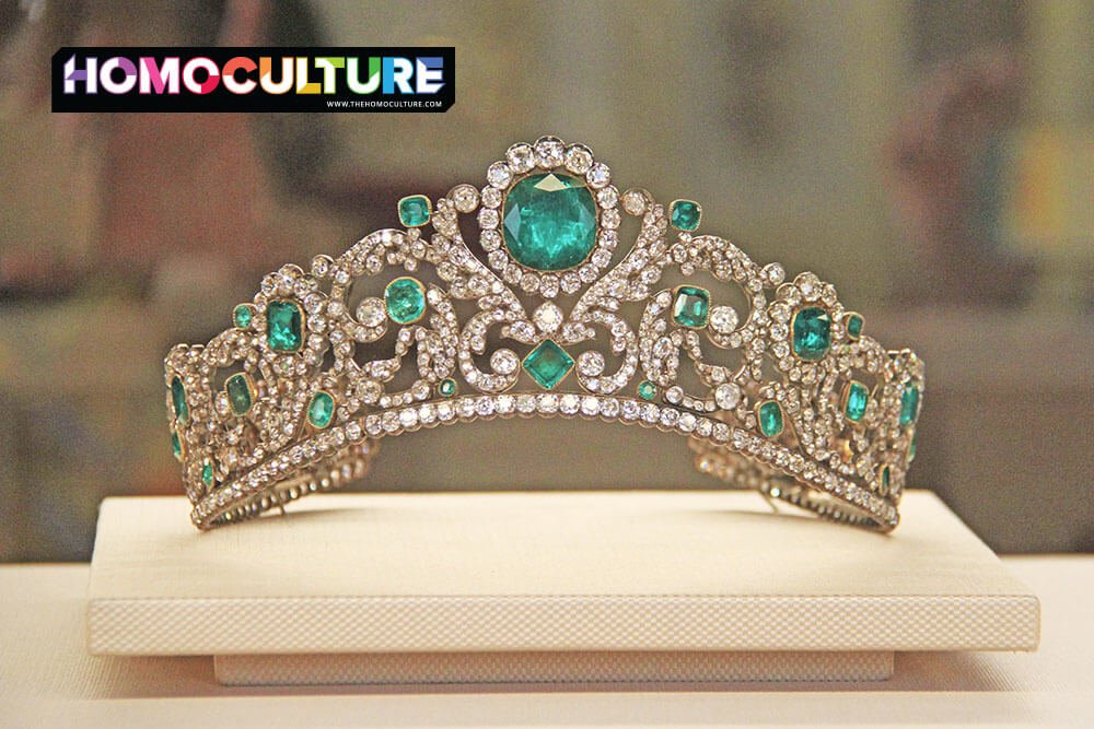 A precious-gem encrusted tiara on display at the Louve in Paris, France. 