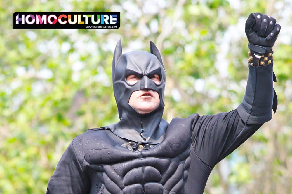 A man in a homemade Batman costume.