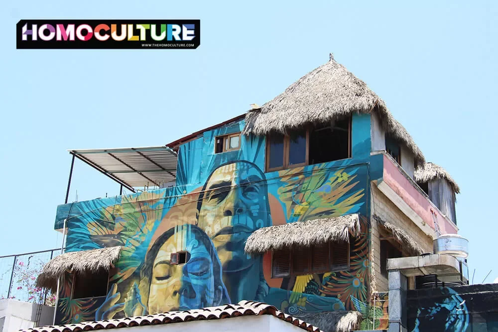 Colorful murals on buildings in Sayulita, Mexico. 