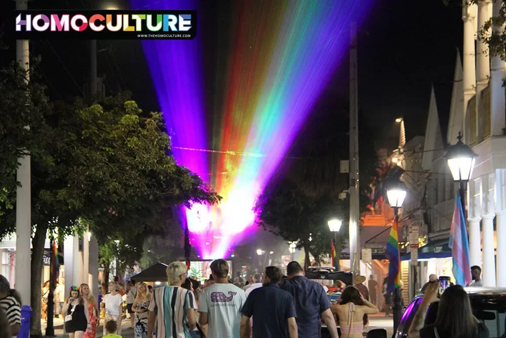 The Sea-to-Sea diversity flag light show in Key West, Florida, during 2023 Key West Pride. 