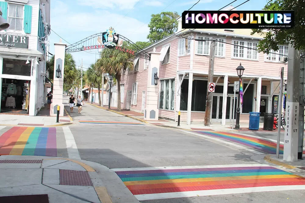 The Pride crosswalk intersection on Duval Street in Key West, Florida.