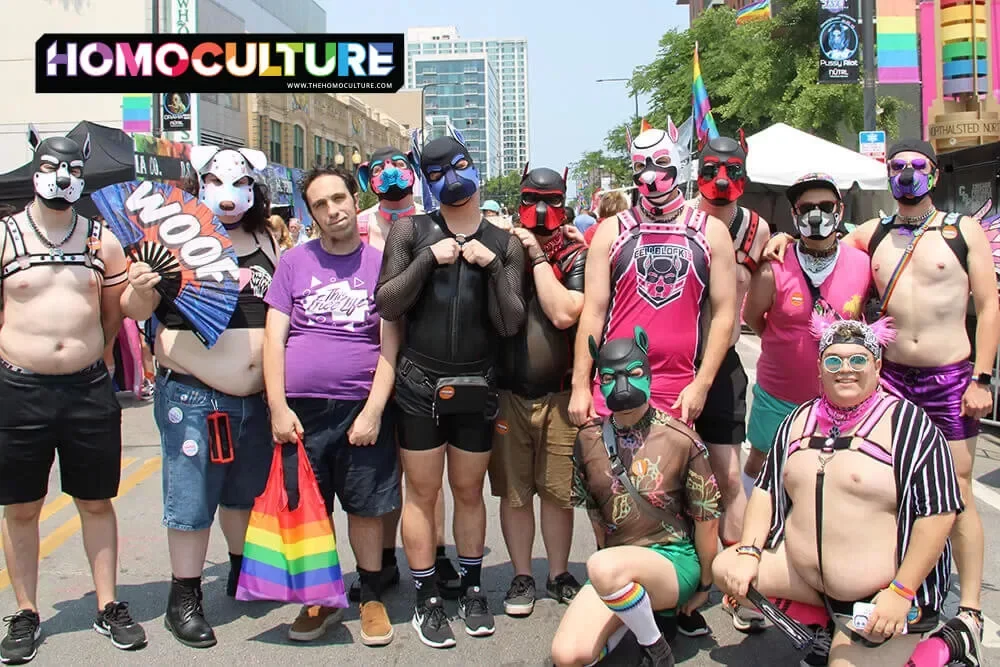 A large group wearing puppy hoods, dog masks, and other fetish gear at Chicago Pride Fest 2023.