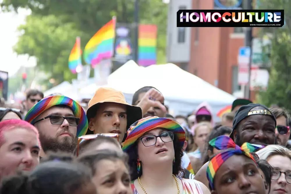 A group of people watching a performance at Chicago Pride Fest 2023.