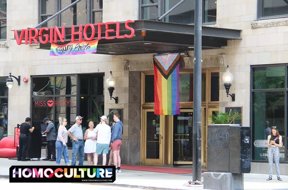 The Virgin Hotel Chicago with a Pride flag hanging out front.