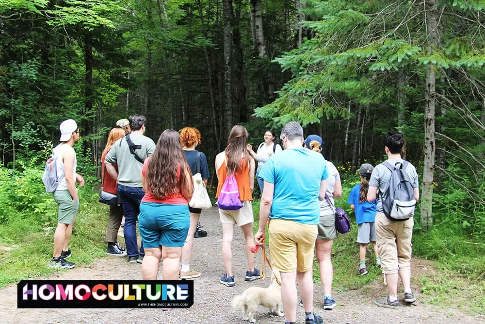 A group participating in the Fredericton Pride Nature Walk during Fredericton Pride 2023. 