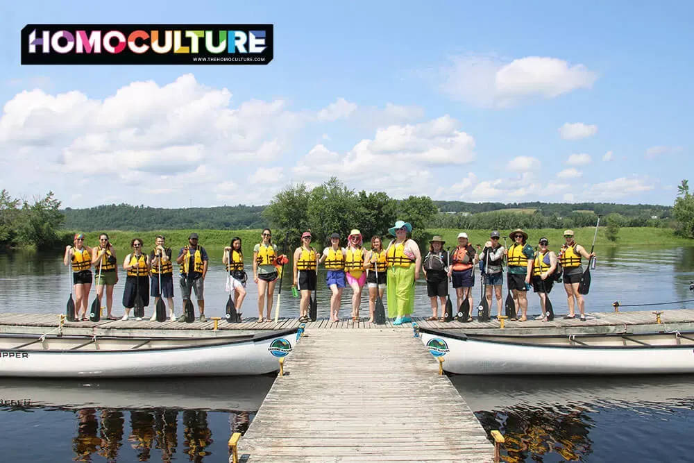 Participants ready to go for the Fredericton Pride Big Queer Canoe in Fredericton, New Brunswick.