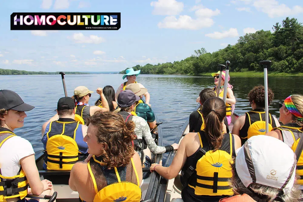 Drag queens host a sing-along down the Wollaston (Saint John River) for the Big Queer Canoe during Fredericton Pride 2023. 