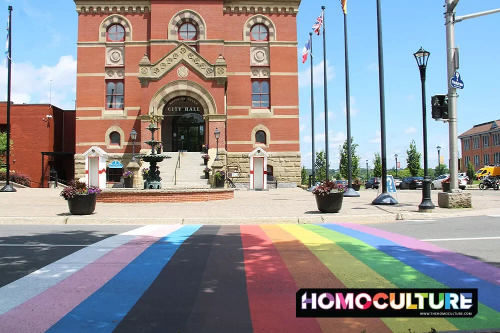 The rainbow Pride crosswalk in front of Fredericton City Hall in Fredericton, New Brunswick. 