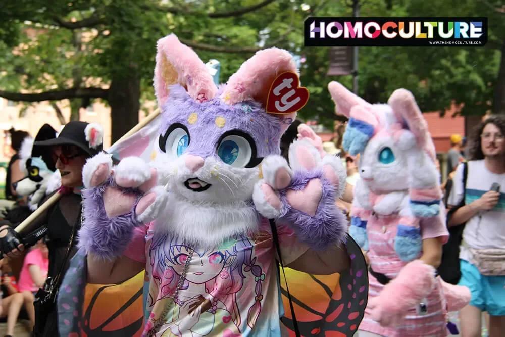 People dressed up in furry outfits at the 2023 Fredericton Pride parade. 