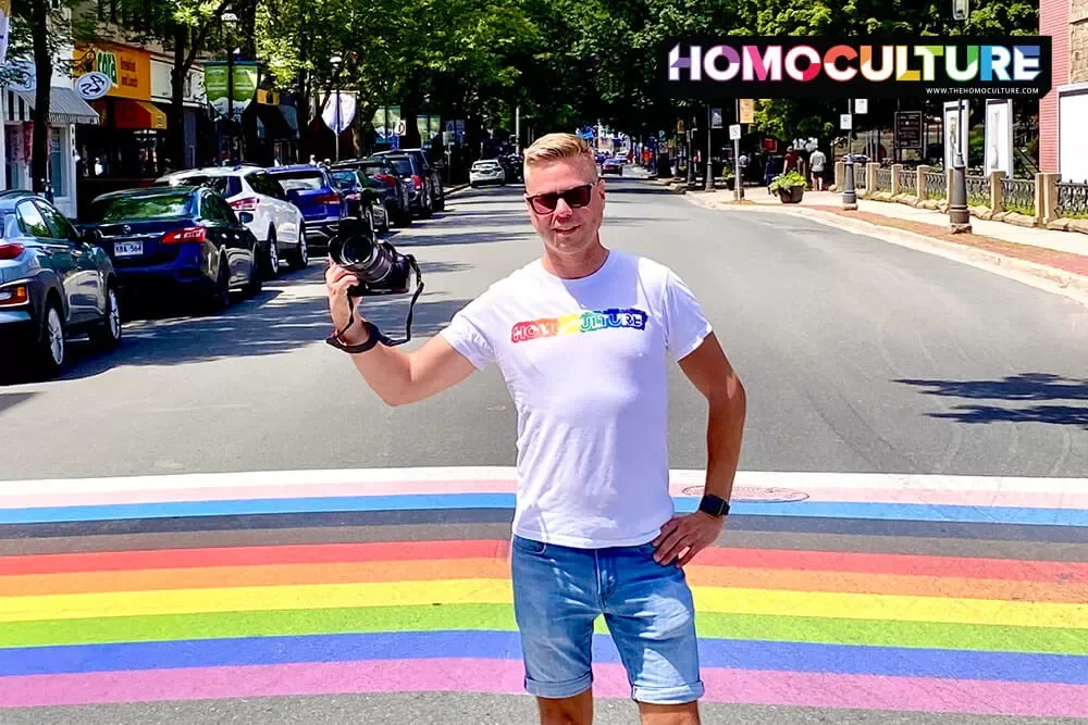 HomoCulture founder, Brian Webb, at the Pride crosswalk in Fredericton, New Brunswick. 