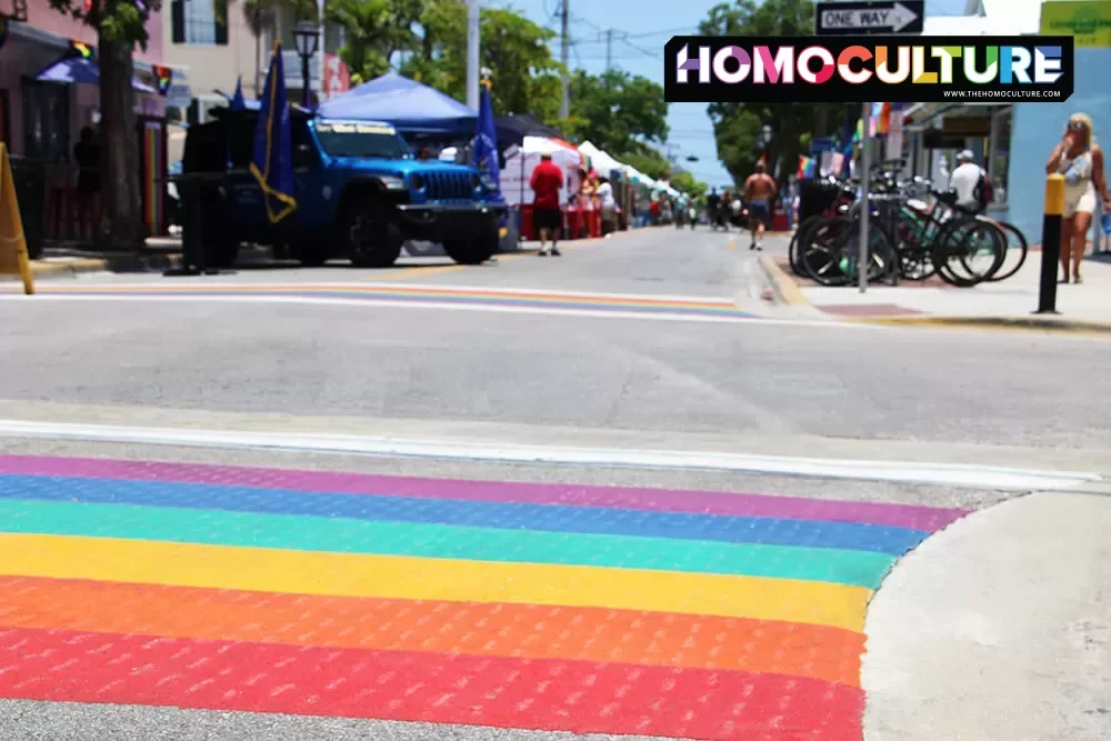 The Pride crosswalk on Duval Street in Key West, Florida.