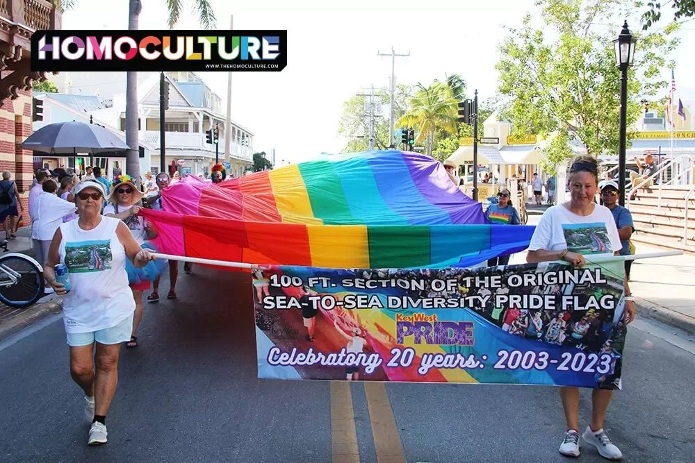 A 100 ft section of the original sea-to-sea diversity Pride flag at Key West Pride 2023 in Key West, Florida.