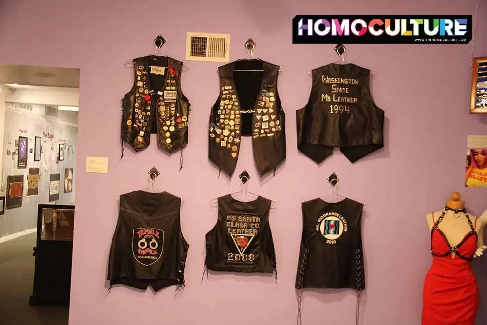 Leather vests on display at the Leather Archives and Museum in Chicago, Illinois.