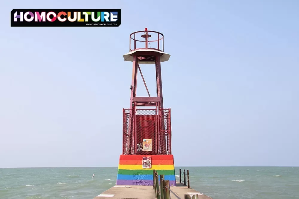Hollywood Beach Pierced Light, at the gay beach, painted with a rainbow Pride Flag in Chicago, Illinois.