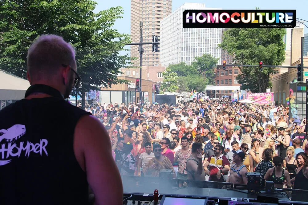 A DJ spins on stage for the crowds at Chicago Pride Fest 2023.