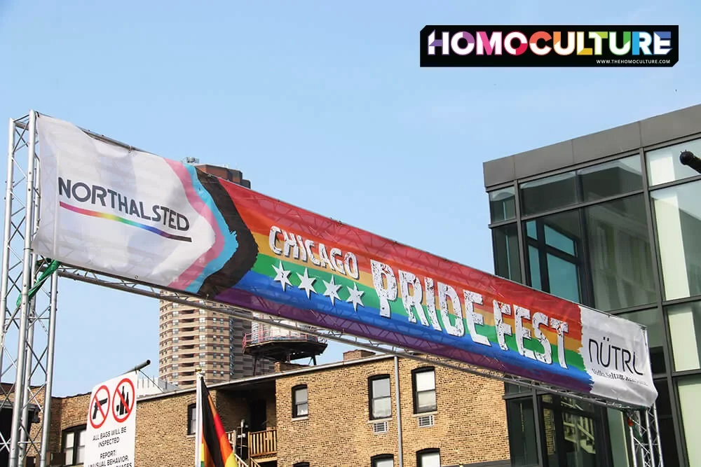 Chicago Pride Fest banner hanging over the 2023 festival entrance.