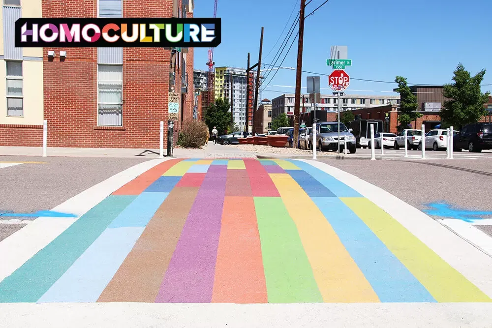 A Pride crosswalk in Denver, Colorado.