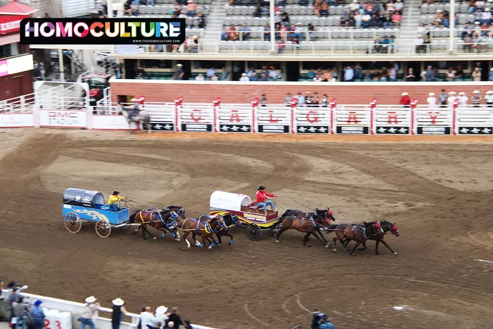 Chuckwagon races during the evening grandstand show at the Calgary Stampede.