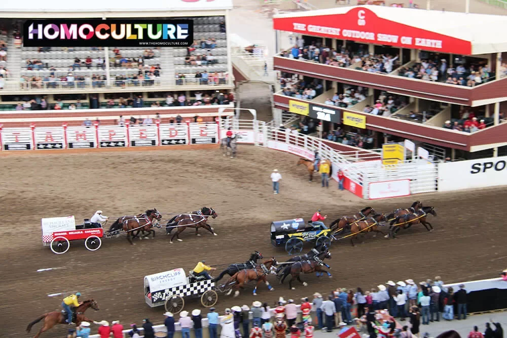 Chuckwagon races during the evening grandstand show at the Calgary Stampede. 