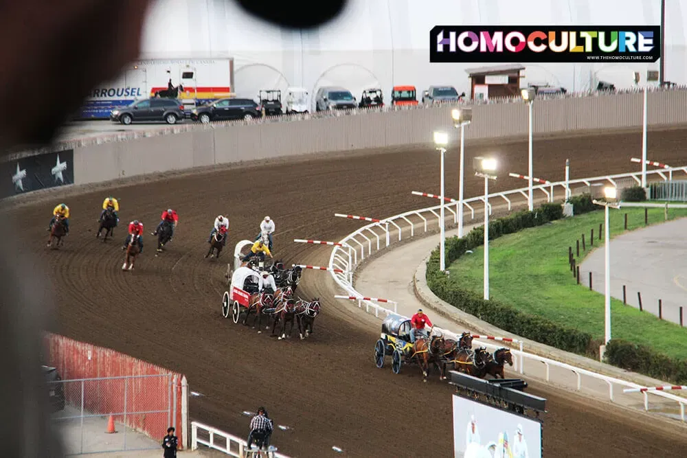 Chuckwagon races during the evening grandstand show at the Calgary Stampede.