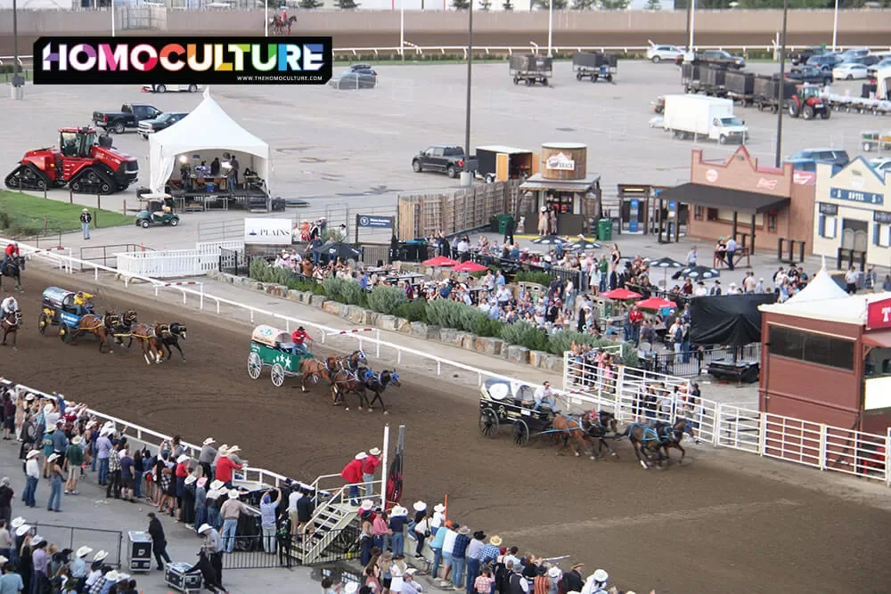 Chuckwagon races during the evening grandstand show at the Calgary Stampede.