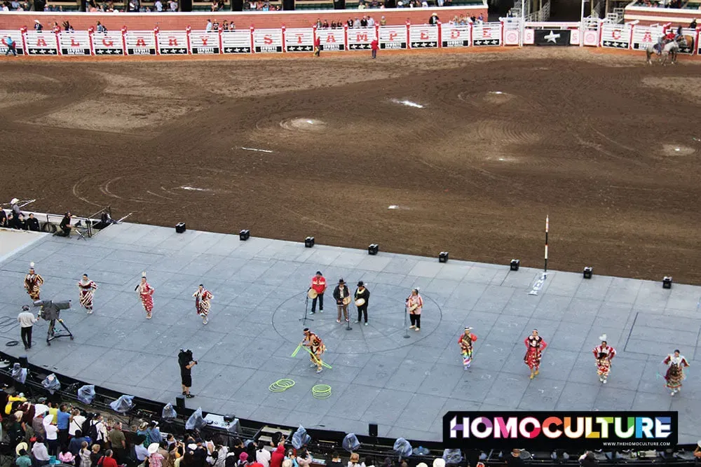 First Nations dancers and singers perform at the 2023 Calgary Stampede rodeo. 