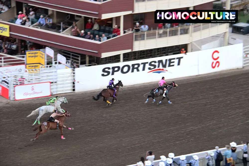 Bareback horse racing at the 2023 Calgary Stampede grandstand show. 