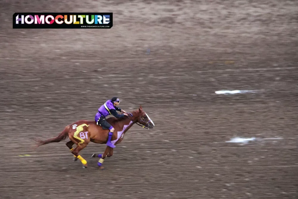 Bareback horse racing at the 2023 Calgary Stampede grandstand show. 