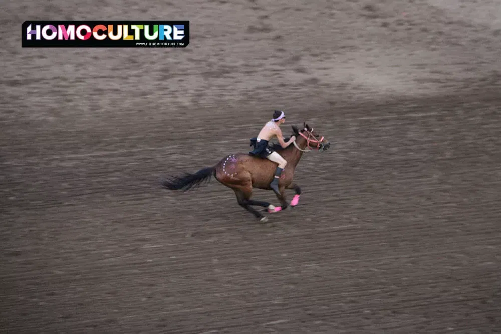 Bareback horse racing at the 2023 Calgary Stampede grandstand show. 