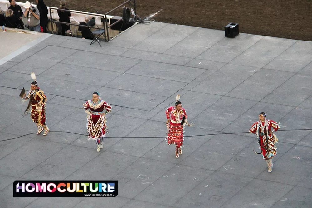 First Nations dancers performing during the grandstand show at the Calgary Stampede. 