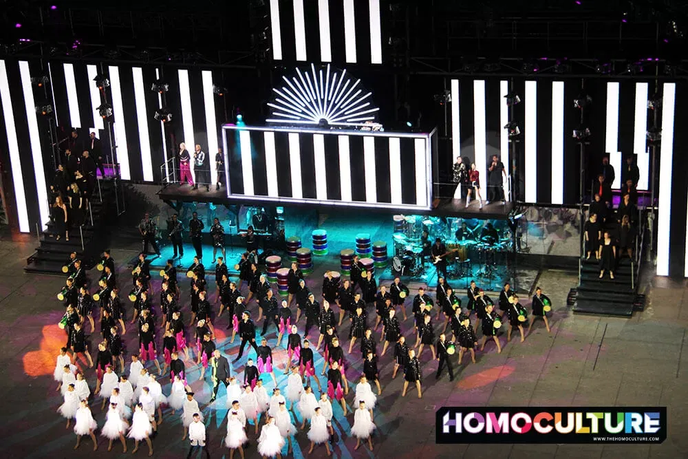 Entertainers performing at the evening grandstand show during the 2023 Calgary Stampede. 