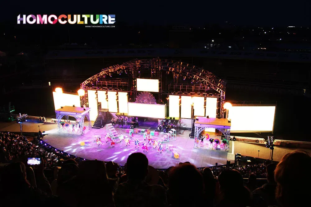 Entertainers performing at the evening grandstand show during the 2023 Calgary Stampede. 