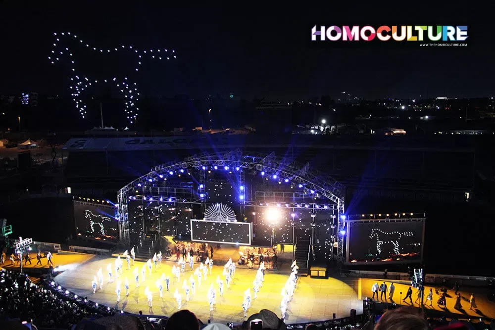 Entertainers performing at the evening grandstand show during the 2023 Calgary Stampede. 