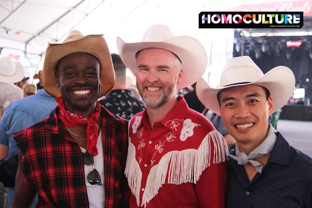 A group of gay friends at Pride Day in Nashville North during the 2023 Calgary Stampede. 