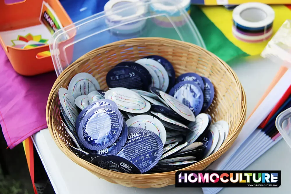 HomoCulture-branded ONE Condoms being distributed during Pride Night at the Garrison Night Market in Fredericton, New Brunswick. 