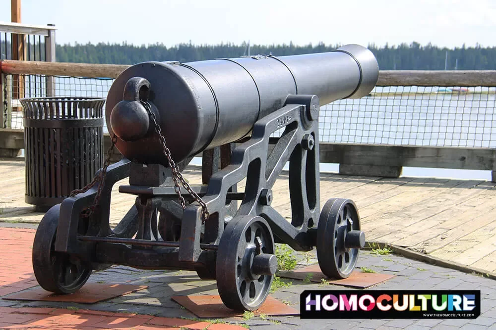 A restored cannon on a deck overlooking the Bay of Fundy at St Andrews by the Sea. 