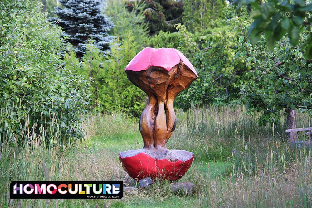 An apple core wood sculpture in the gardens at Kingsbrae Gardens. 