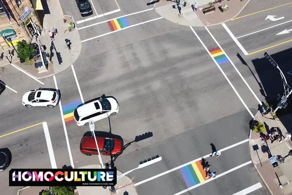 The Pride crosswalk intersection in Charlottetown, Prince Edward Island.