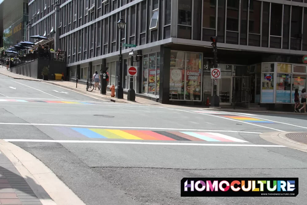 The Pride crosswalk intersections in downtown Halifax, Nova Scotia. 