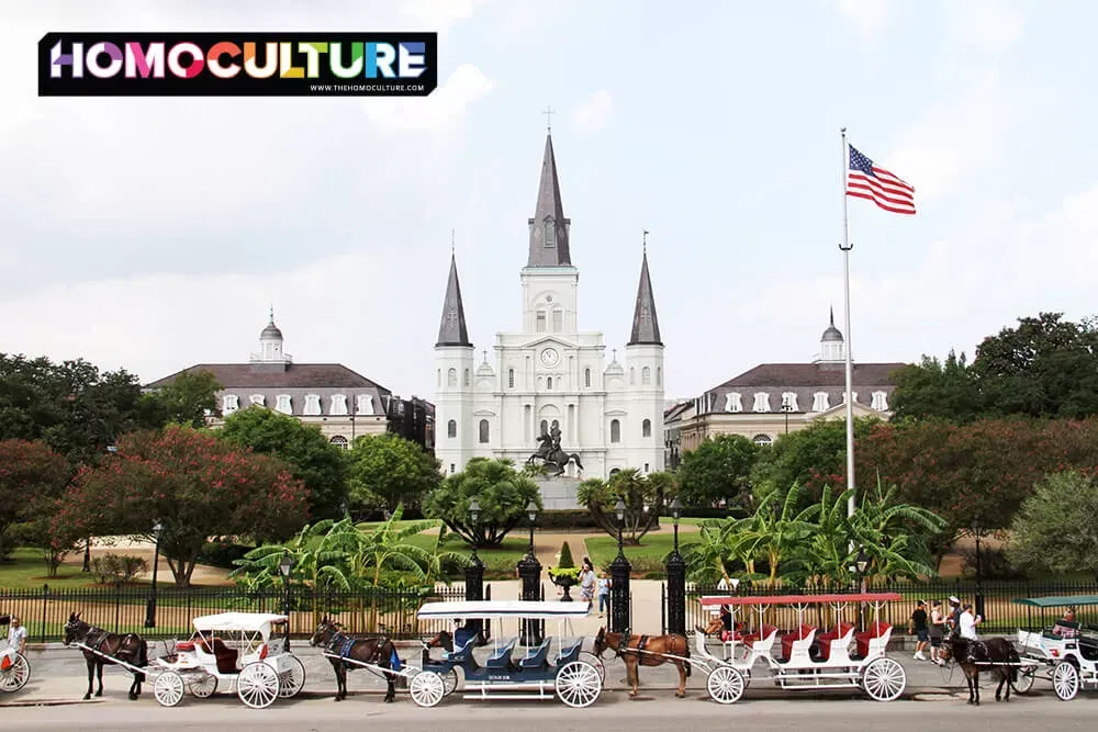 Horse and carriages in front of Jackson Square in New Orleans. 