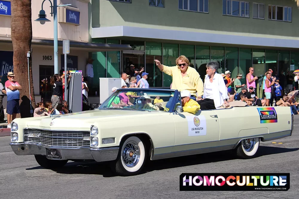 The Mayor of Palm Springs in a convertible at the 2022 Palm Springs Pride Parade. 