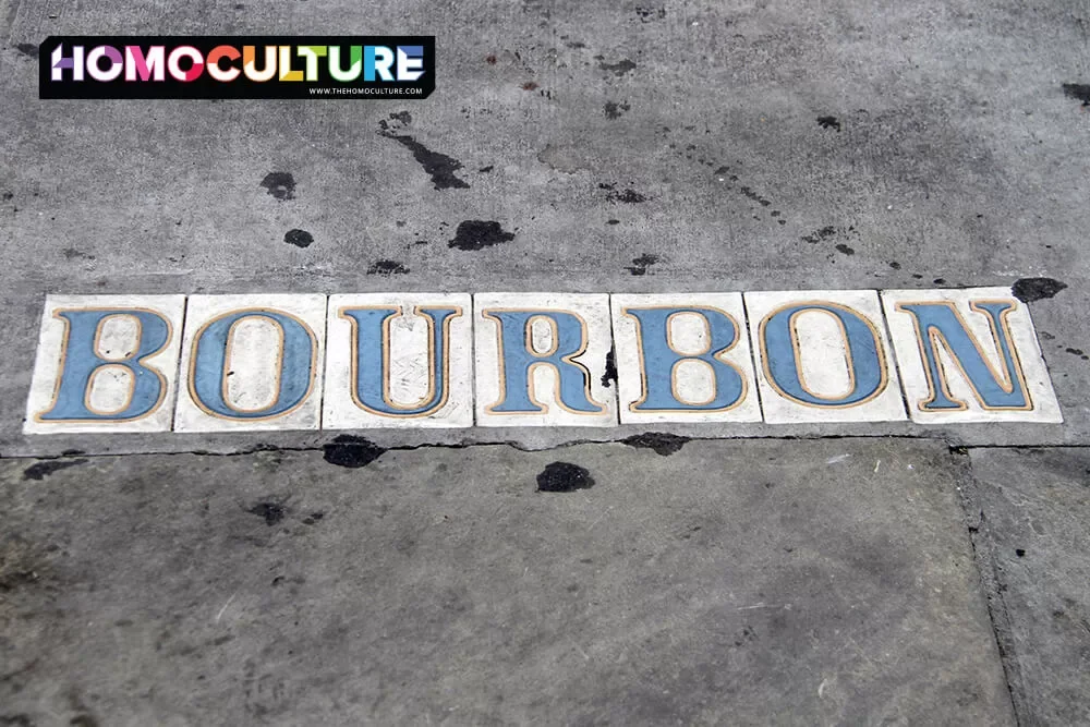 Bourbon written in tile along Bourbon Street in New Orleans. 