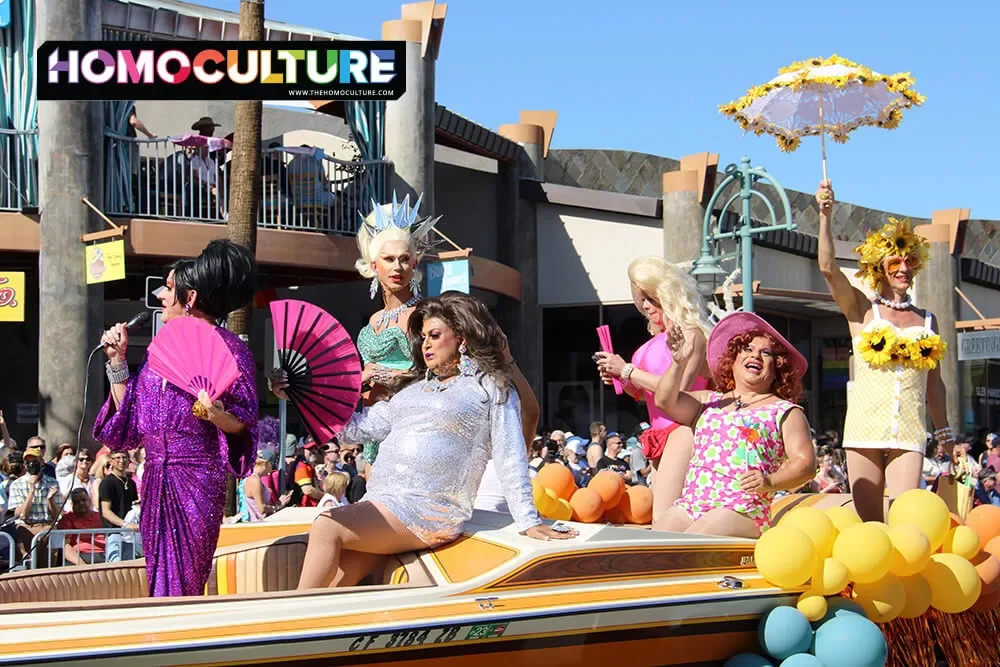 A group of drag queens in the 2022 Palm Springs Pride parade. 
