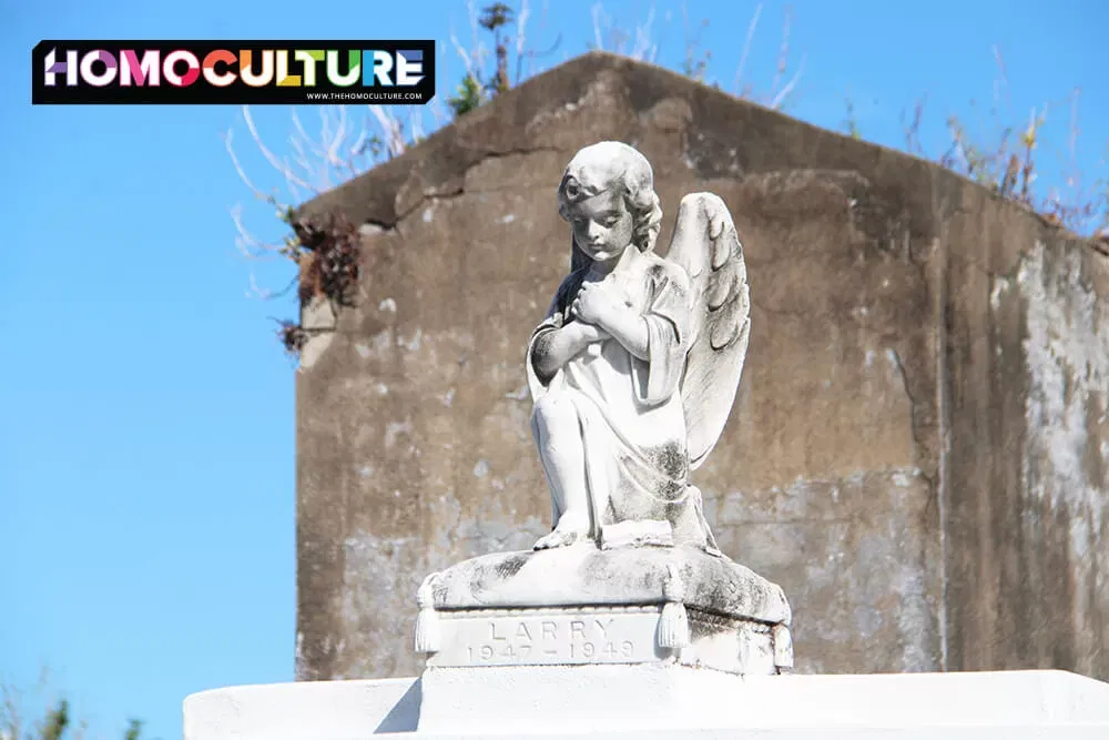 An angel sculpture atop a grave inside St. Louis Cemetery in New Orleans. 