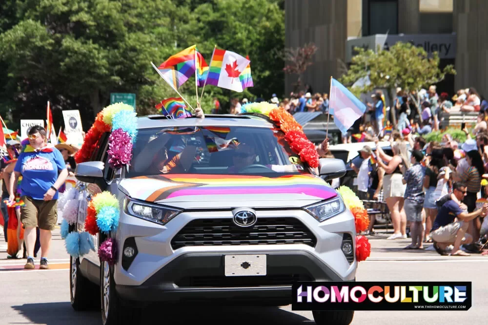 A vehicle decorated in Pride flags during the 2022 Pride PEI parade. 