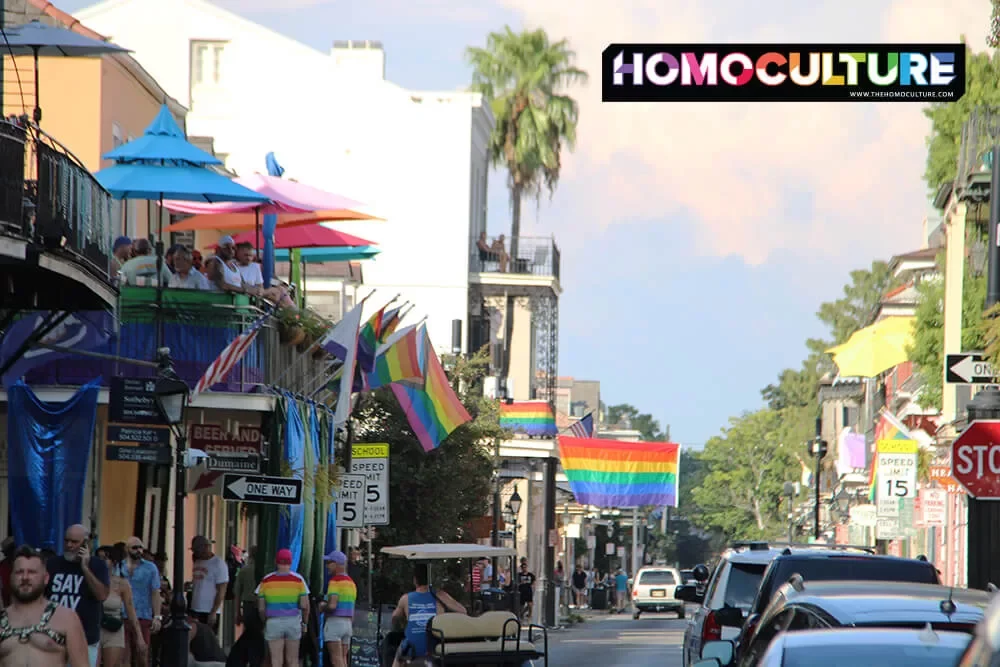 Bourbon Street decorated with Pride flags during Southern Decadence 2023. 