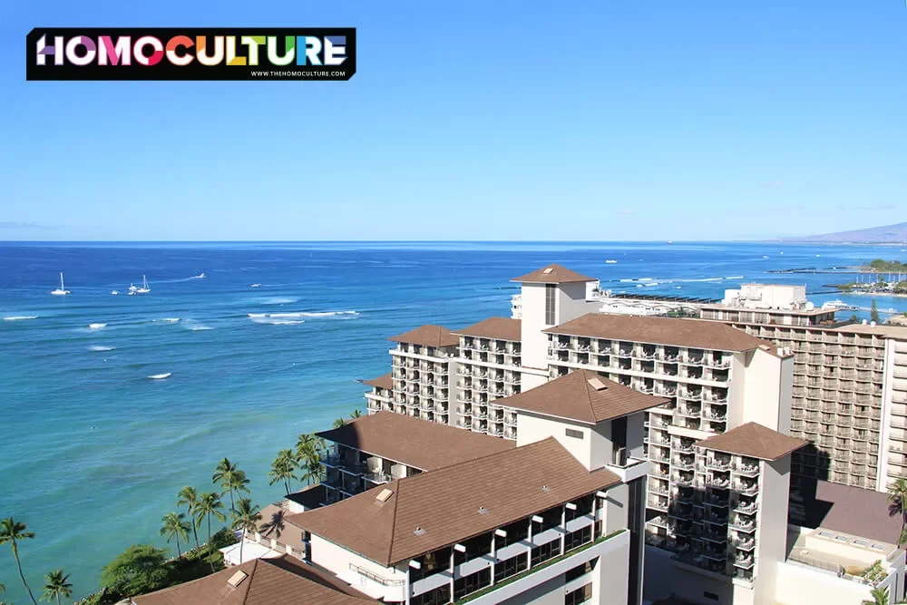 View of resorts and the ocean from a luxury resort in Honolulu, Hawaii.